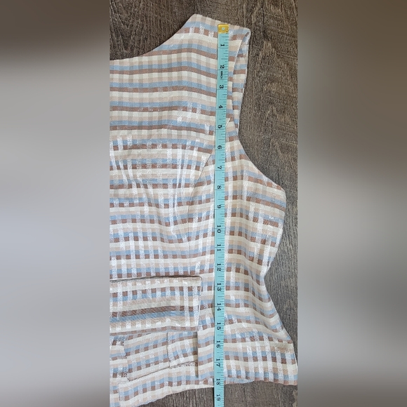 90s Vintg Sleeveless Blouse Women's 16 Tan Cream Blue Plaid Button up Back - Picture 10 of 10